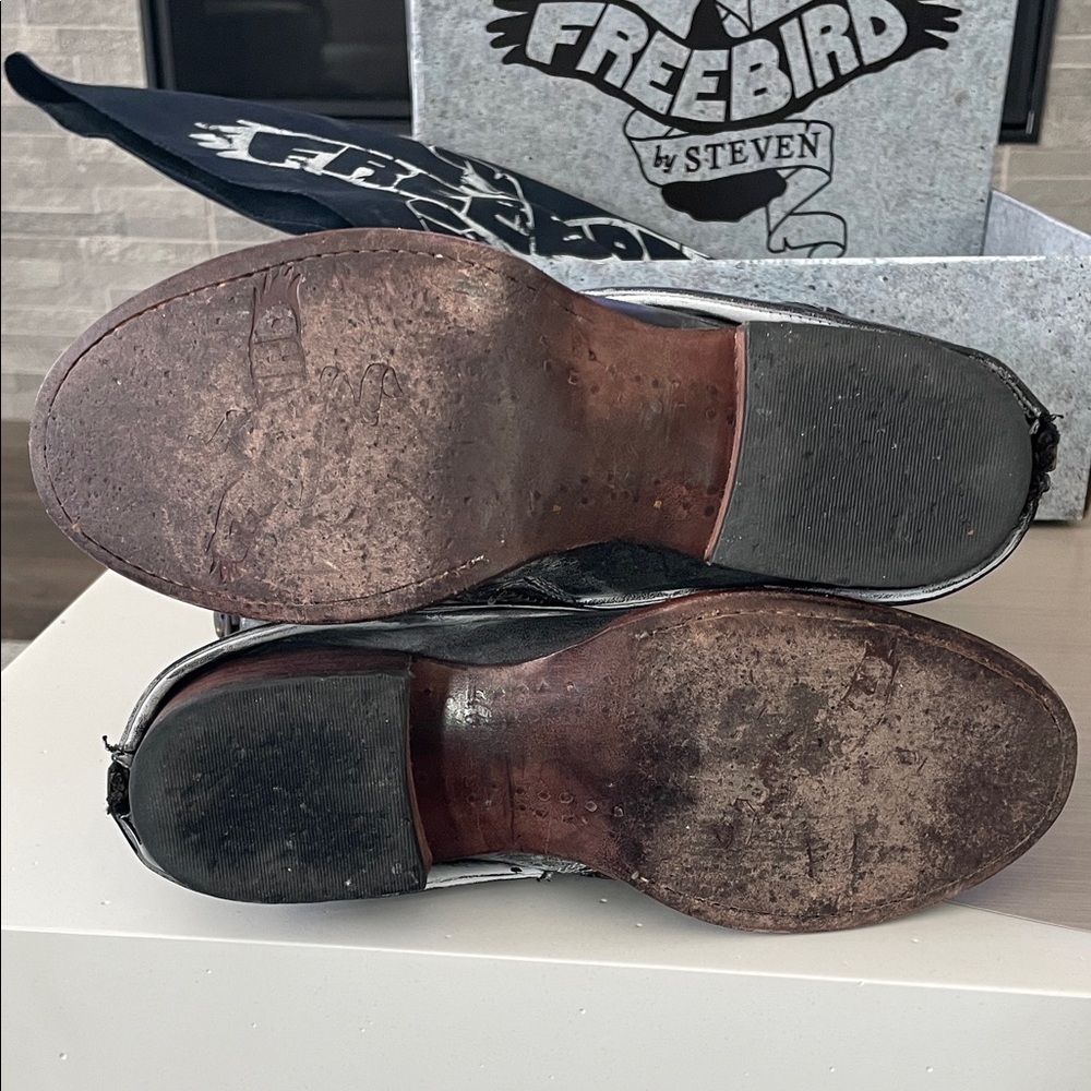 Freebird by Steven Distressed Black Leather Combat Boots with Brown Accents - Picture 10 of 14